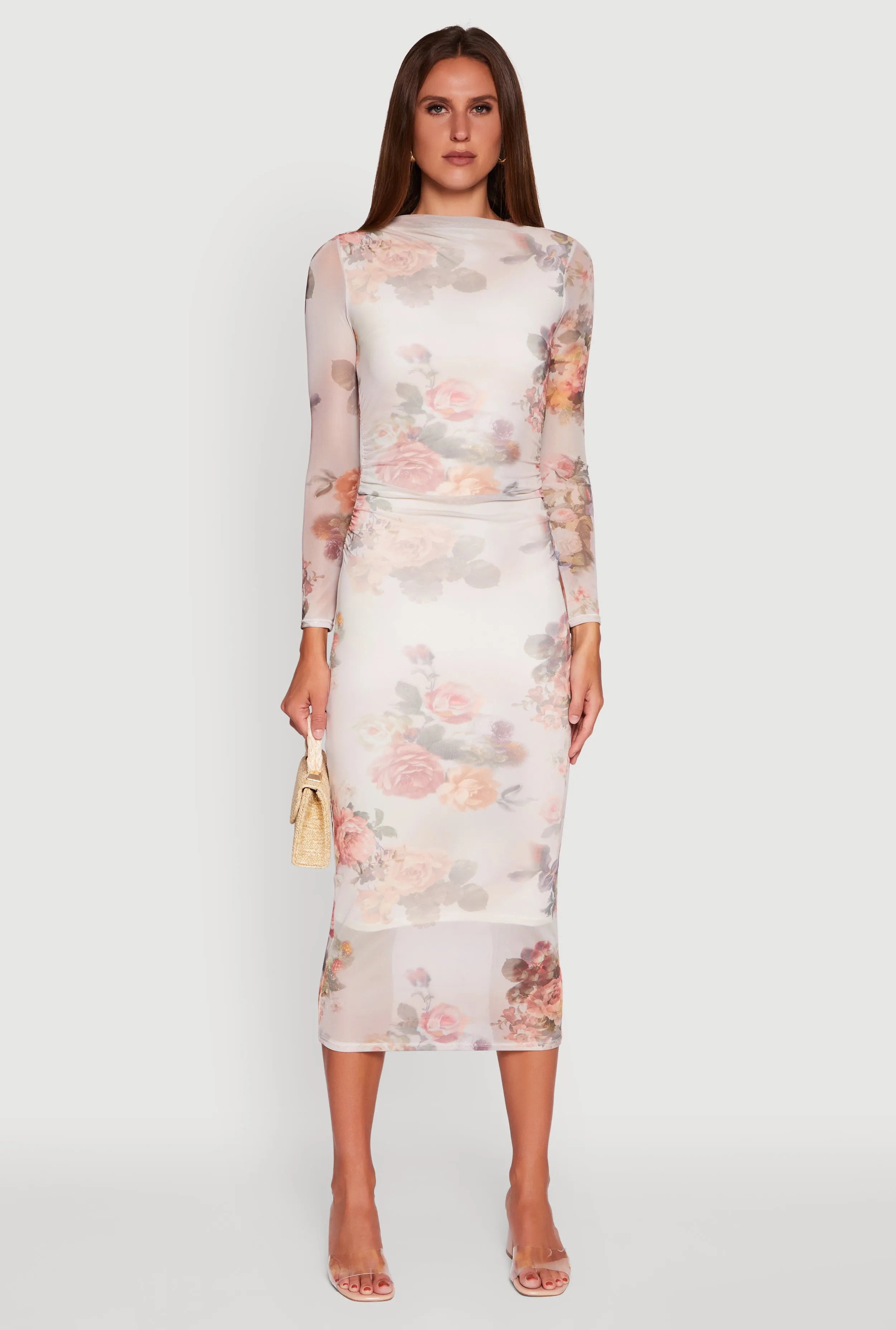 Heat Wave Almost Famous Patterned Mesh Ruched Side Midi Dress
