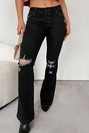 Davis Mid Rise Button Fly Distressed Kancan Flare Jeans (Dark Grey) QuickRelease Fastener Elegant Look