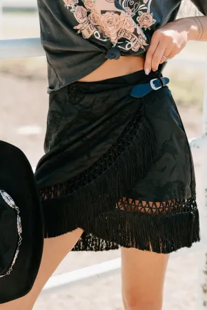 Tide & Tassel Satin Wrap Mini Skirt (Black) Classic Look