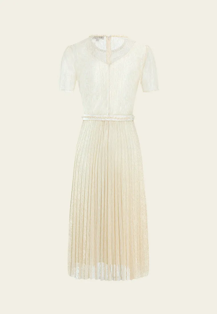 Royal Ease Belted Pleated-detail Lace Dress