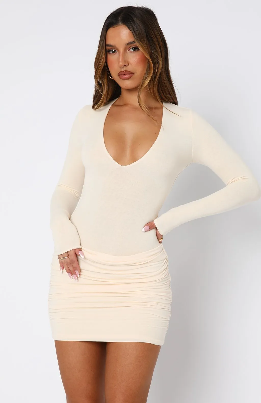 Feel Your Touch Long Sleeve Mini Dress Cream Firm Leather