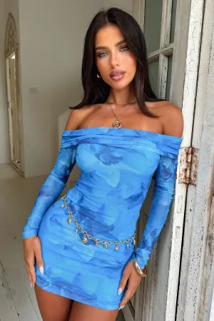 Candice Off Shoulder Long Sleeve Mini Dress - Blue Floral Double Layered Collar Stylish simple short dress