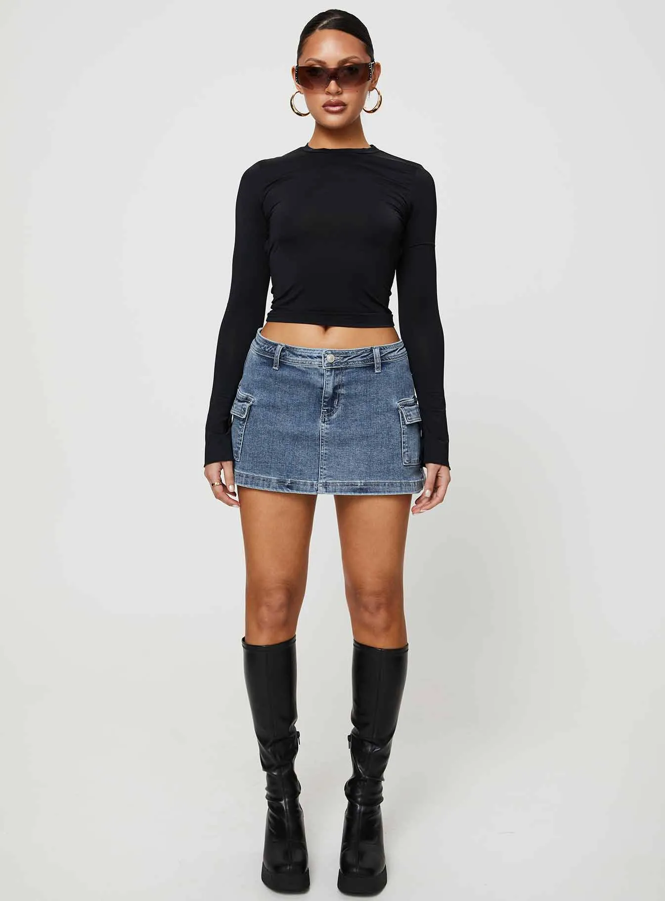 Grishea Low Rise Denim Skirt Crisscross Details Draped Silhouette