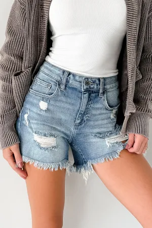 Alessandra Frayed Hem Cello Shorts (Medium Denim) Effortless Style