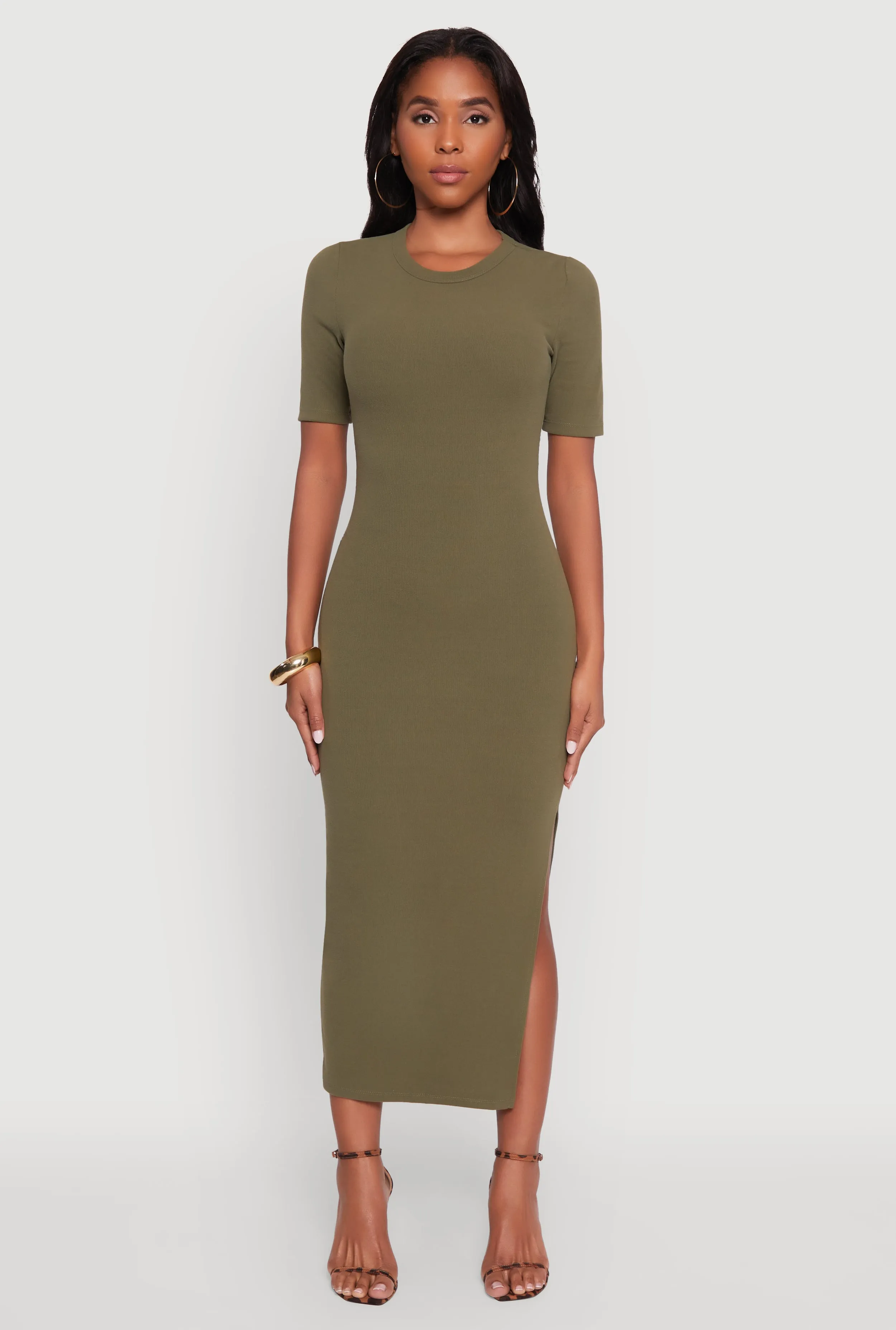Ribbed Knit Side Ruch Side Slit Midi Dress Japanese Neat Air Comfort