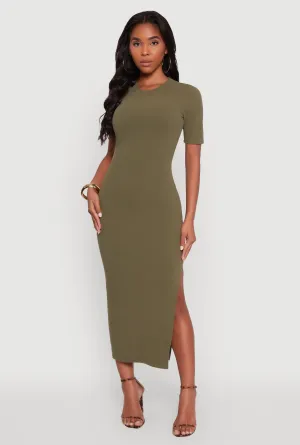 Midi dress with waist tie Ribbed Knit Side Ruch Side Slit Midi Dress