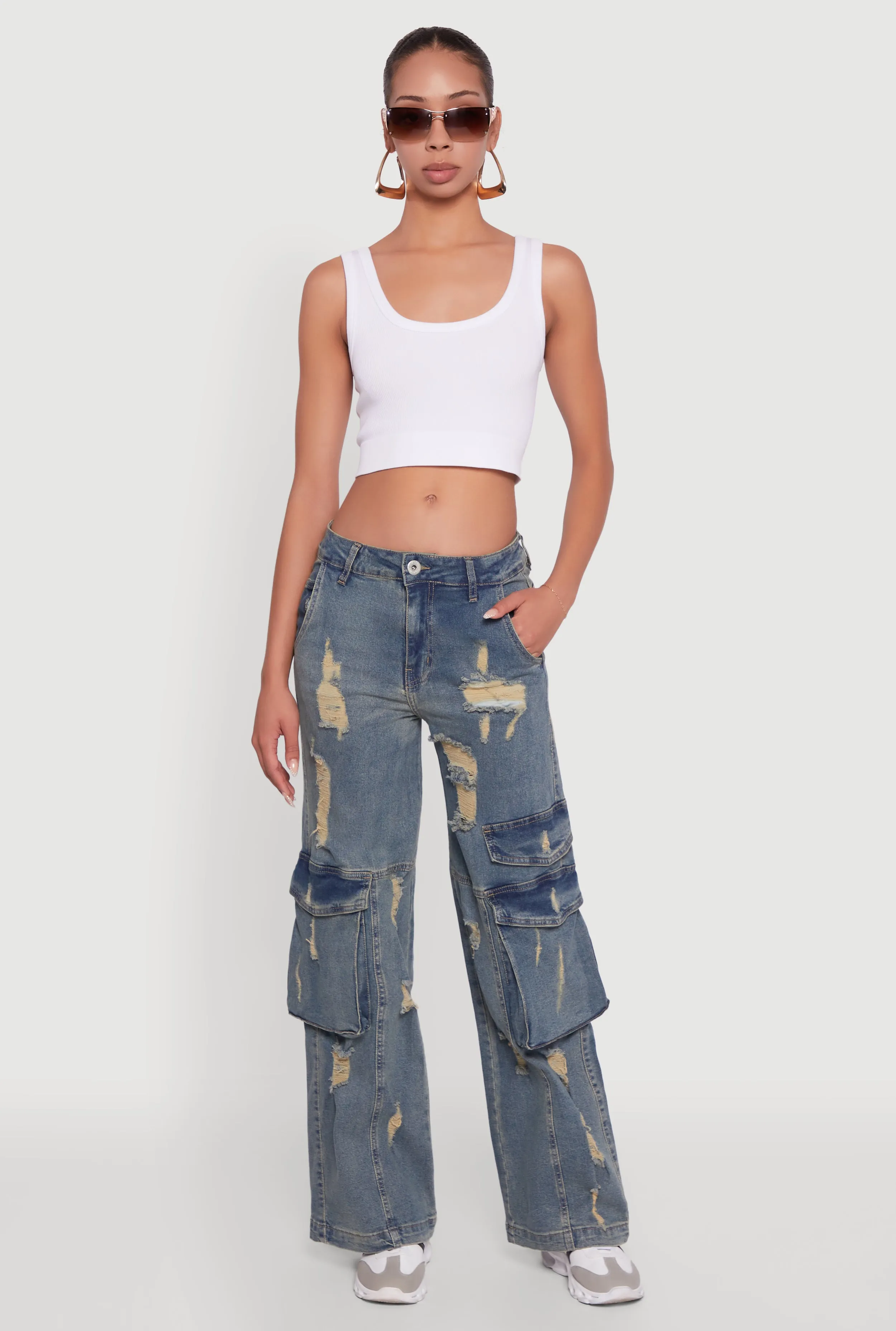 Relaxed Mood Mineral Wash Distressed Frayed Wide Leg Utility Jeans