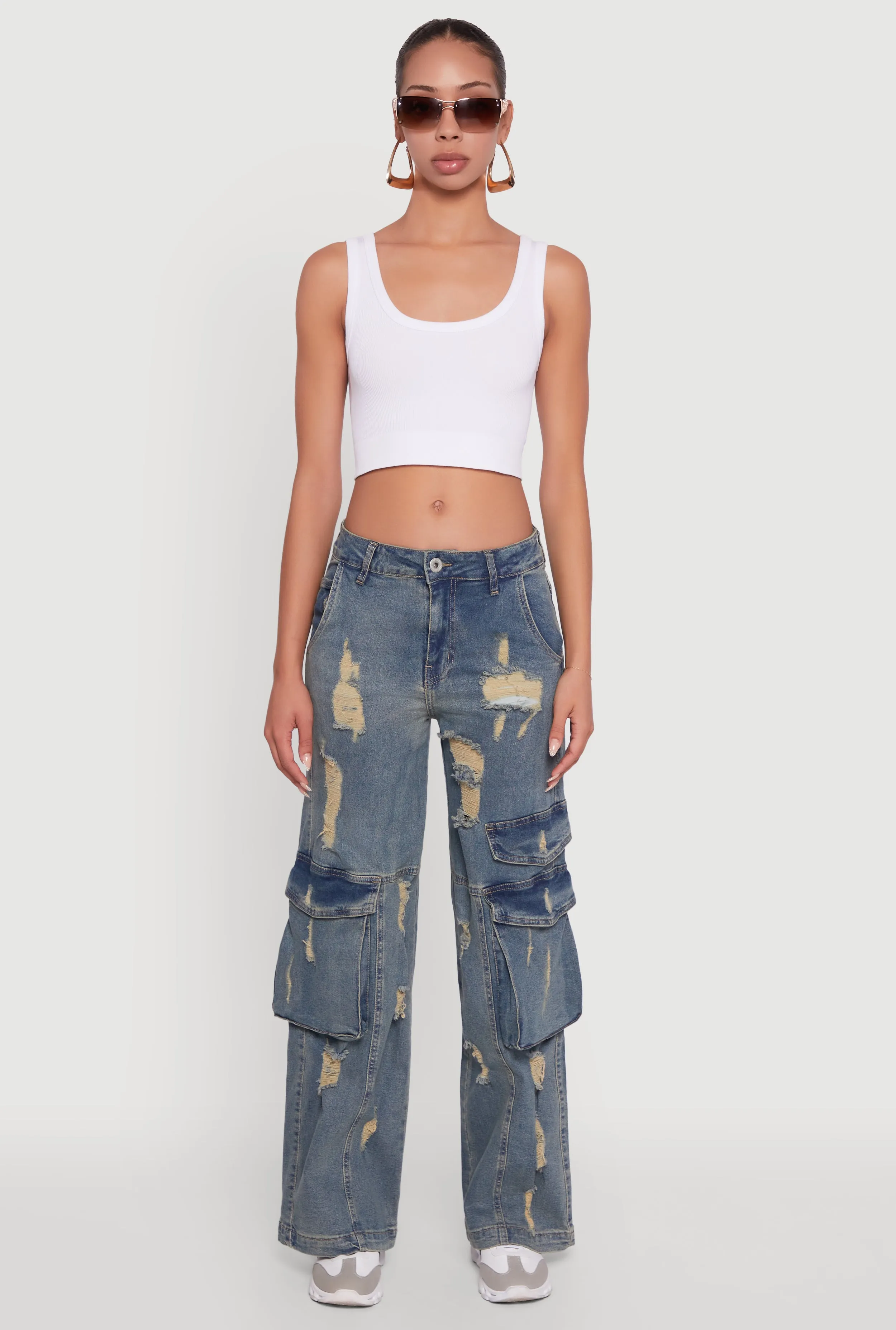 Mineral Wash Distressed Frayed Wide Leg Utility Jeans Office Wear Couple Look Work Ready