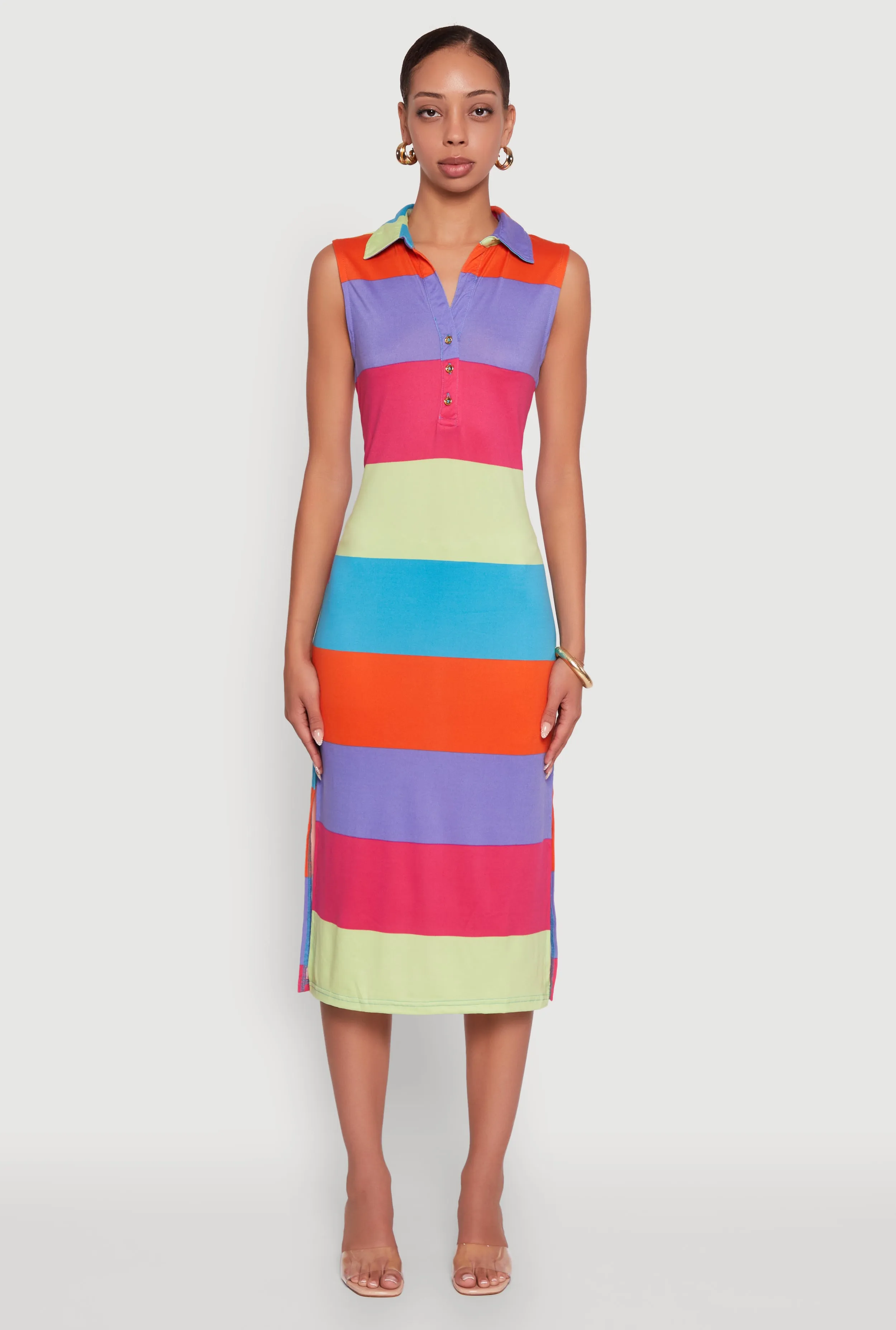 Color Blocked Striped Polo Collar Sleeveless Midi Dress Timeless Fashion Earth Smell