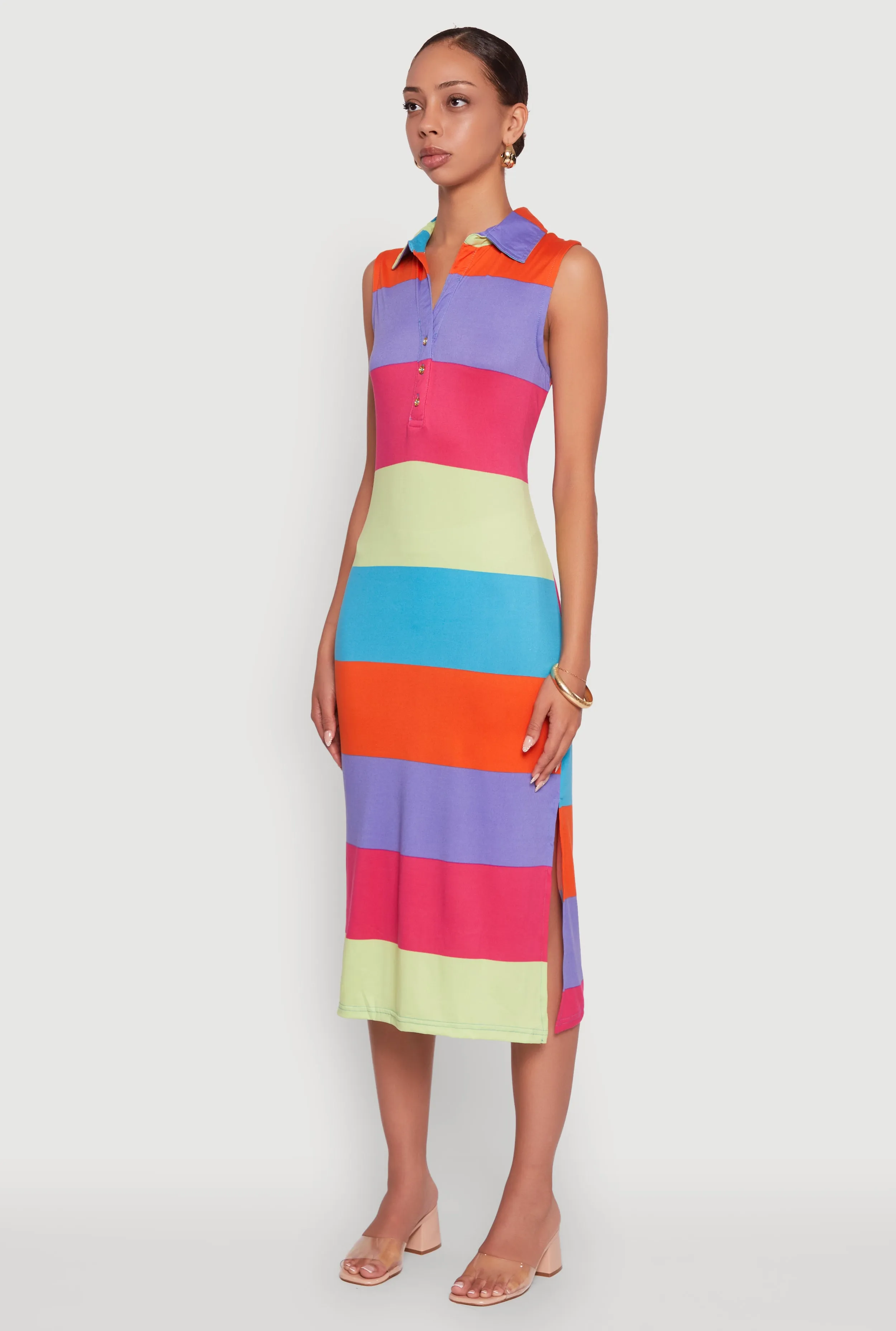 Copper Glow Chic Outfit Color Blocked Striped Polo Collar Sleeveless Midi Dress