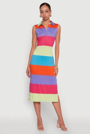 Color Blocked Striped Polo Collar Sleeveless Midi Dress Casual weekend midi