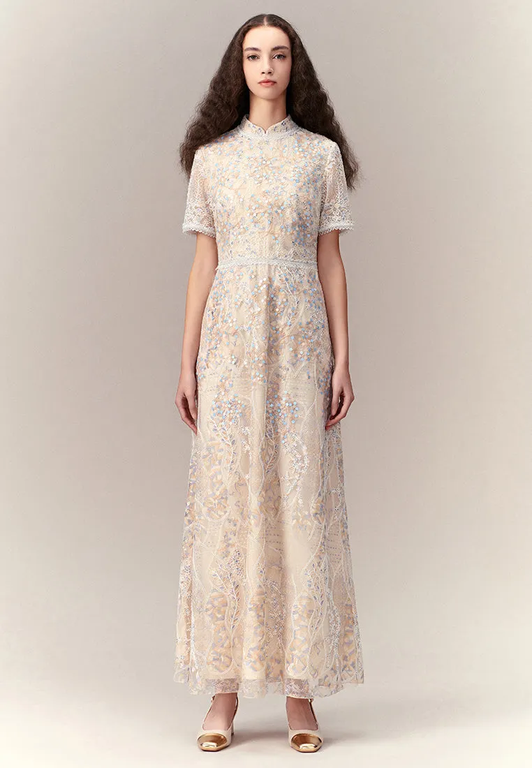 Strong Denim Ultraviolet Protection Cream Floral Lace Dress