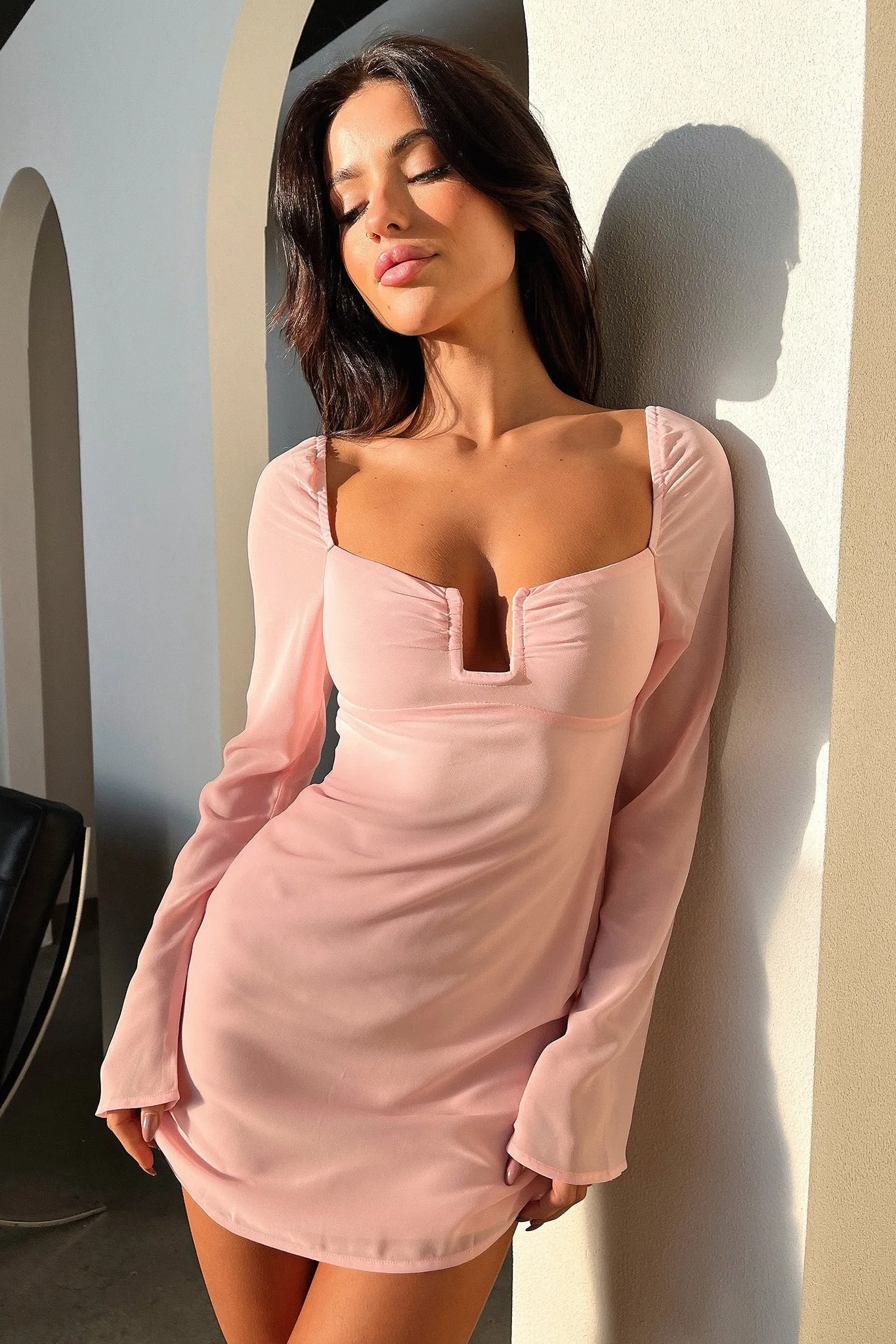 Smooth Elastic Light and breezy mini Charisma Long Sleeve Mini Dress - Pink