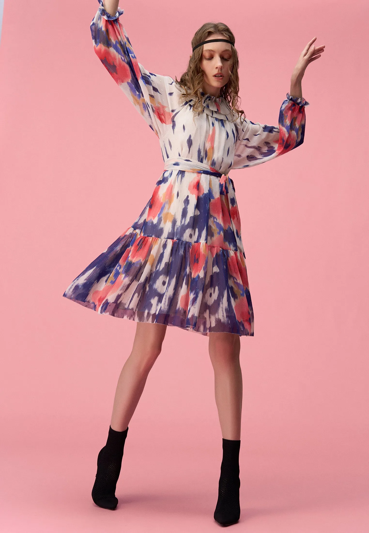 White Floral-print Open-necked Chiffon Dress Sharp Line HighDensity Weave