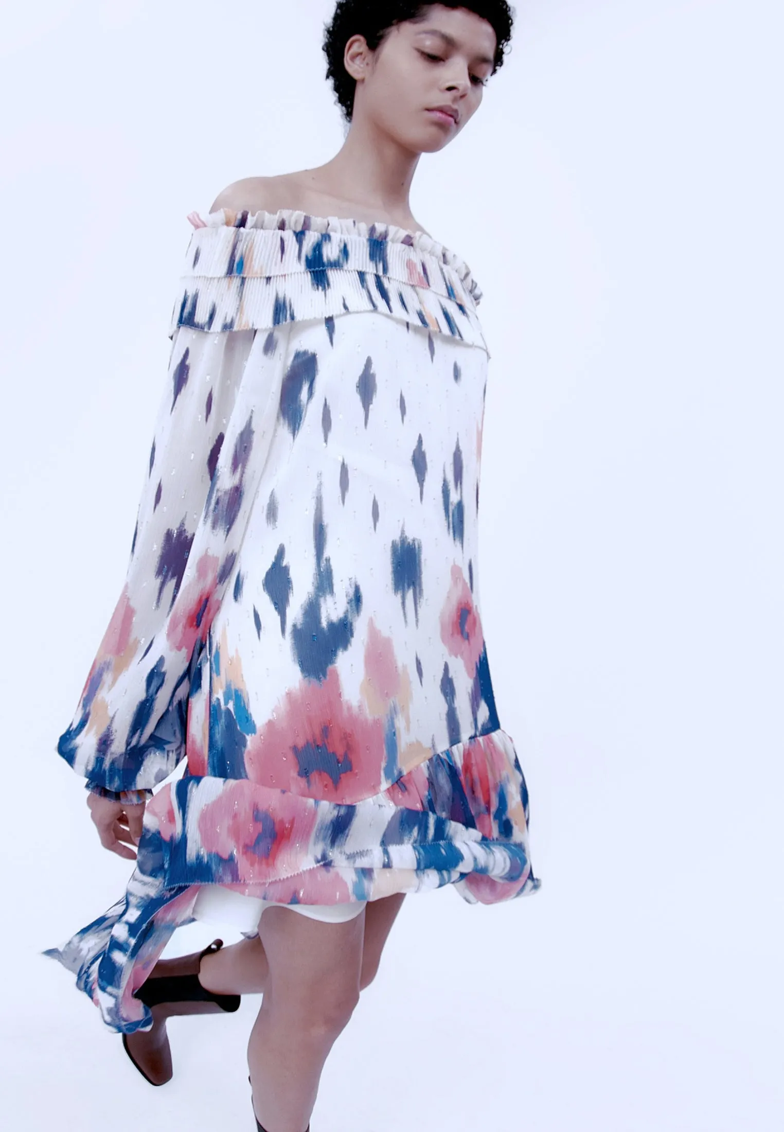 WrinkleFree Material White Floral-print Open-necked Chiffon Dress