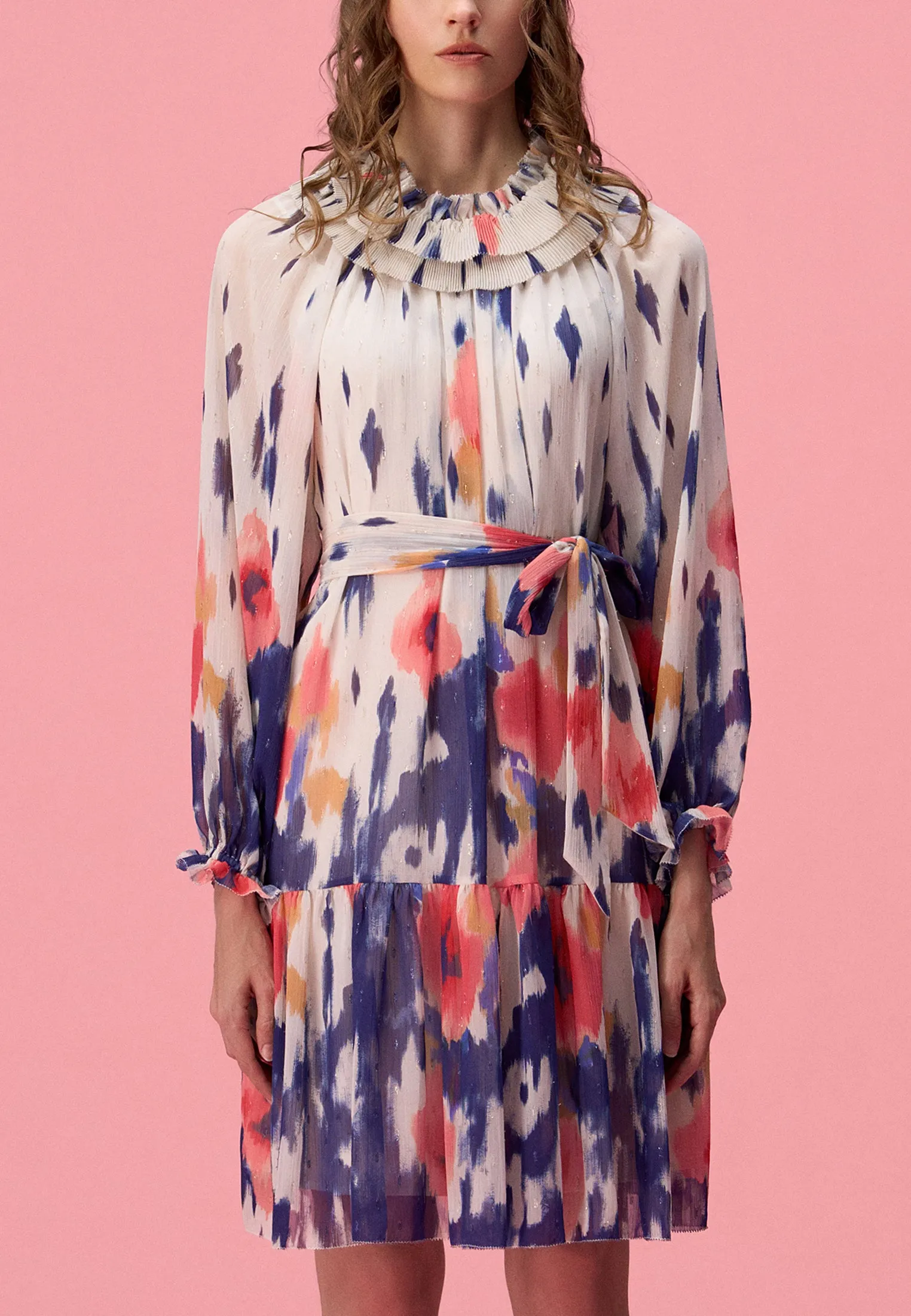 White Floral-print Open-necked Chiffon Dress UltraSoftFinish