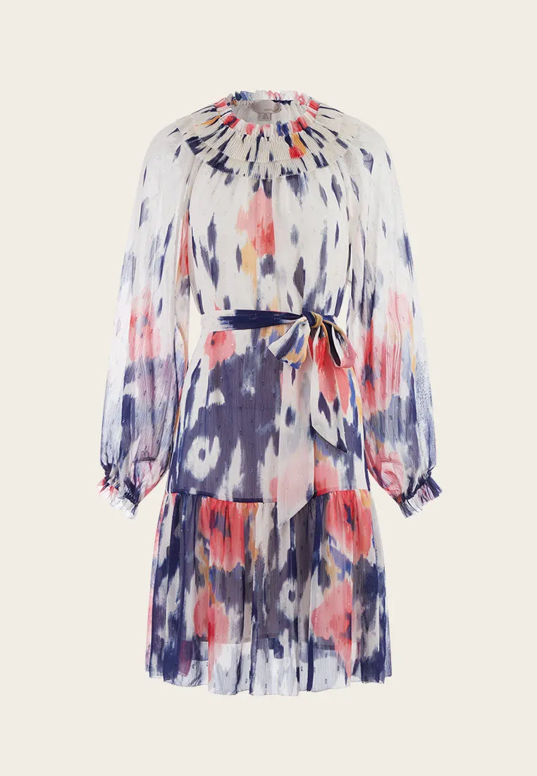 White Floral-print Open-necked Chiffon Dress NonRestrictiveCut