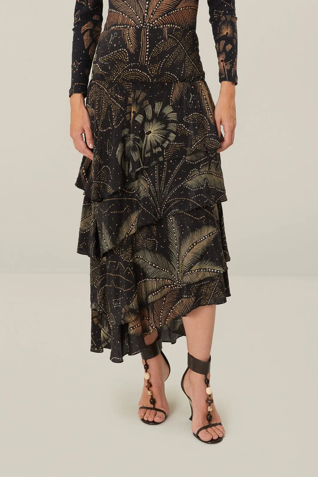Black Golden Foliage Ruffled Skirt Elastic hem Wrinkle Resistant
