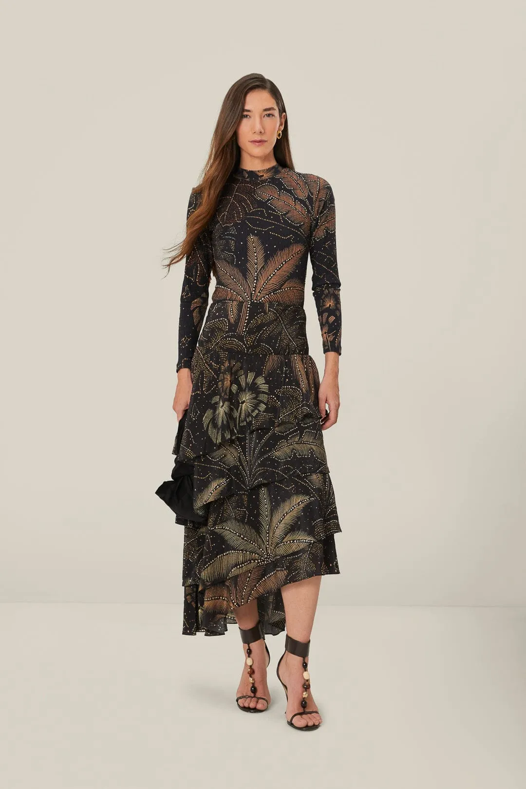 Personality Style party look Black Golden Foliage Ruffled Skirt