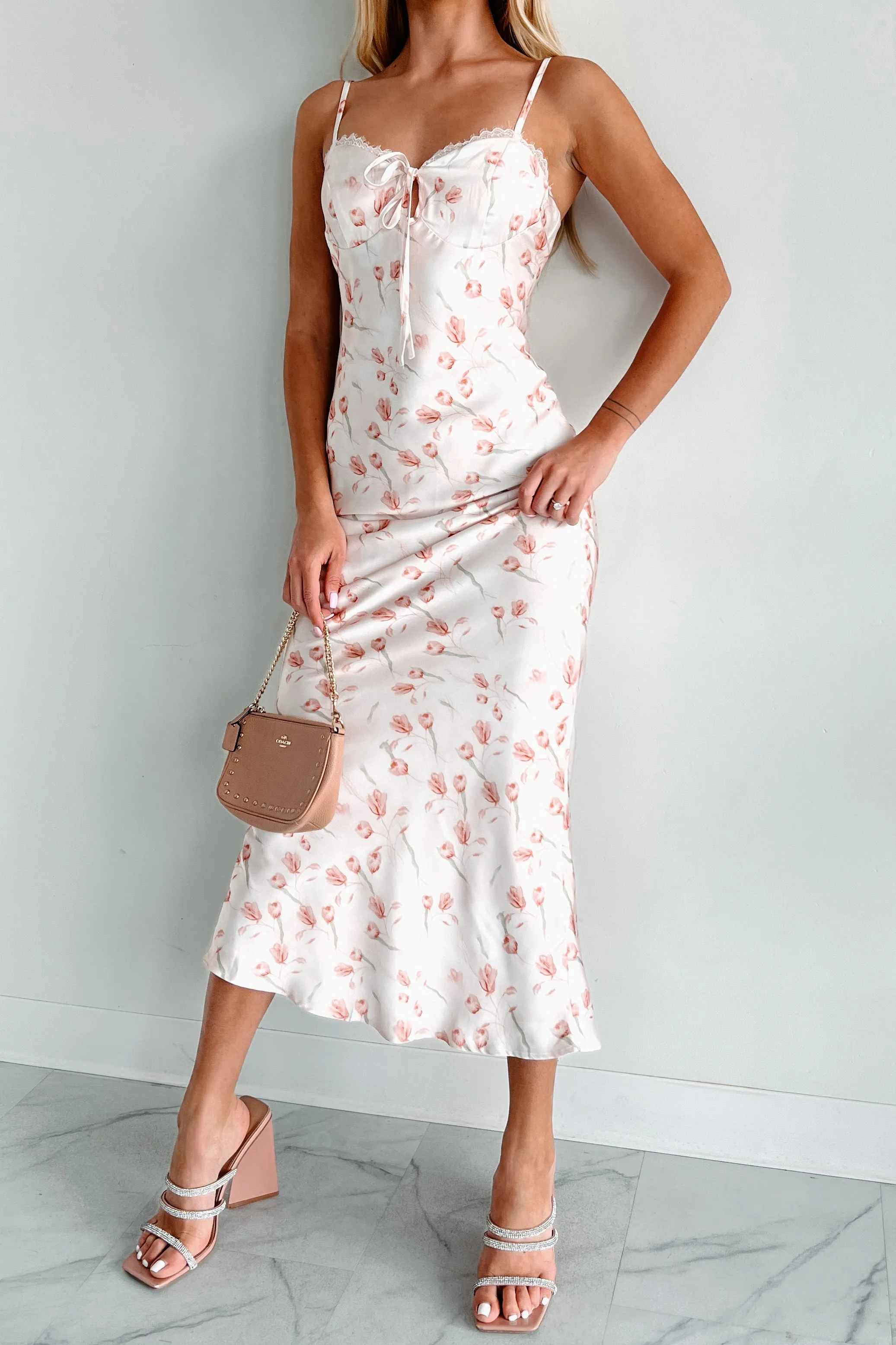 Enchanting Elegance Floral Satin Midi Dress (Blush) Trendy Chic