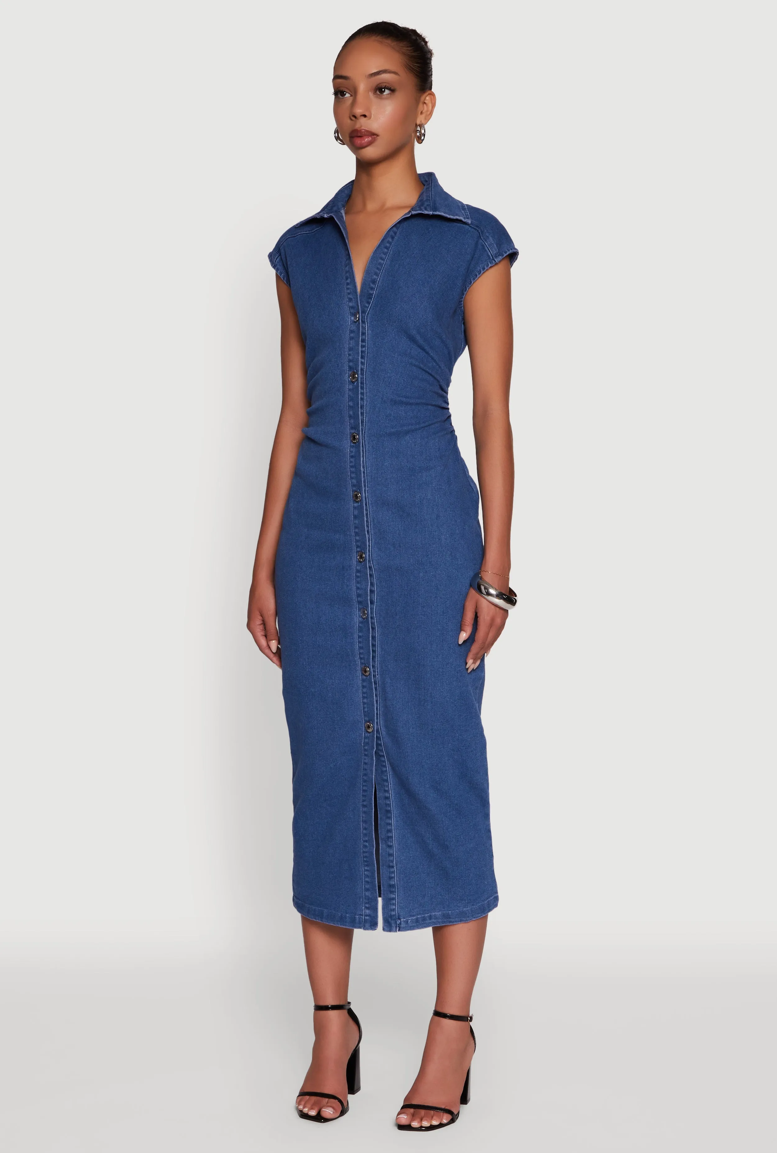 Shell Path Castle Gate Haute Monde Button Front Cap Sleeve Denim Dress