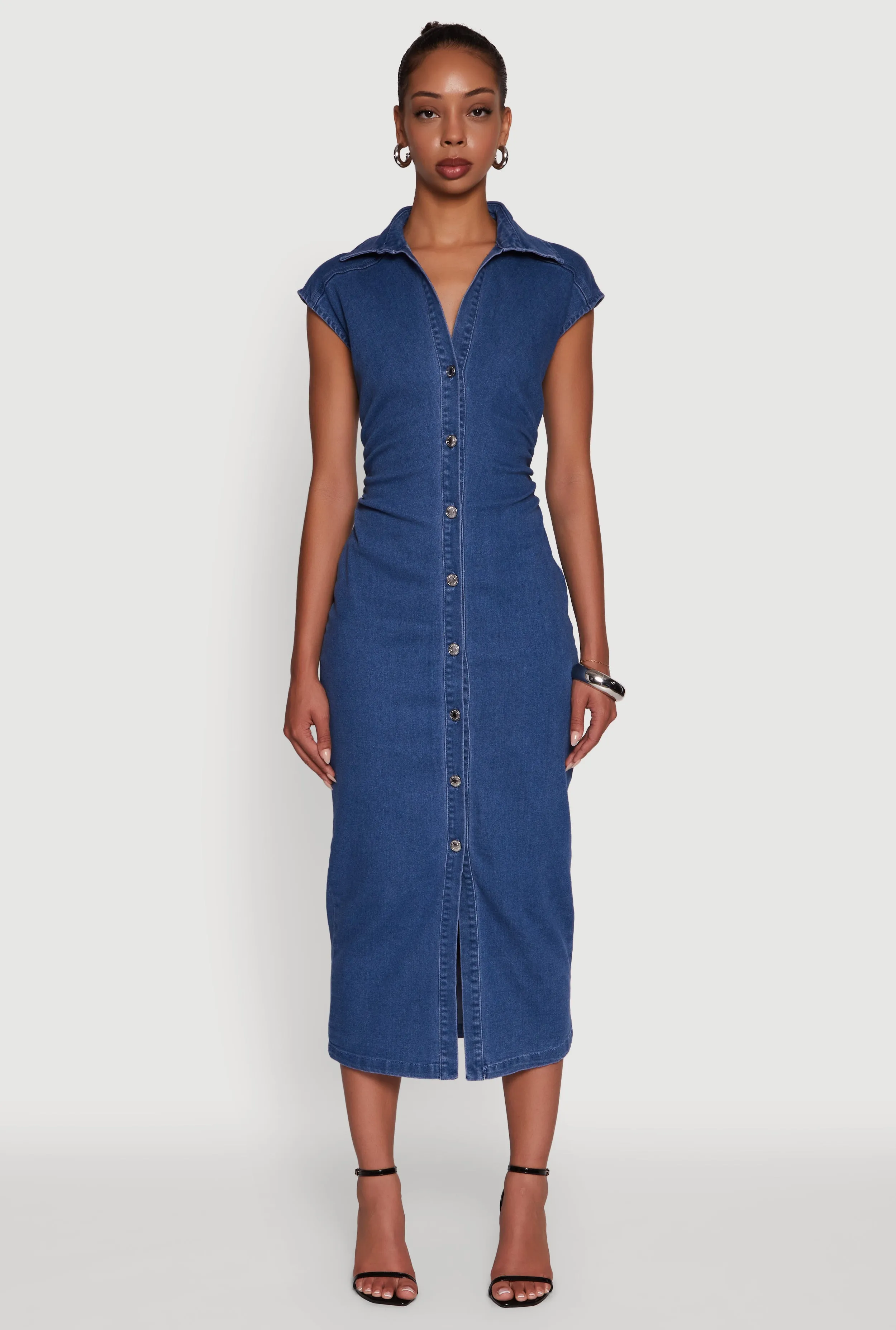 Haute Monde Button Front Cap Sleeve Denim Dress Greek Spirit Casual Elegance
