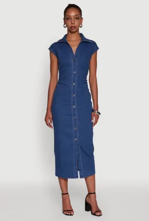 Haute Monde Button Front Cap Sleeve Denim Dress Urban Casual