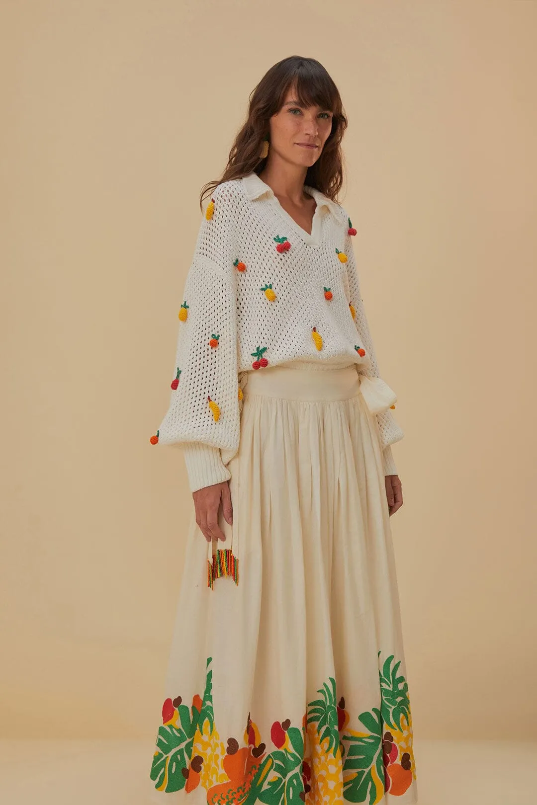 Embroidered Fruits Side Bow Midi Skirt Simple looks Outfit Details