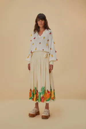 Embroidered Fruits Side Bow Midi Skirt Travel Vibes Airy Look