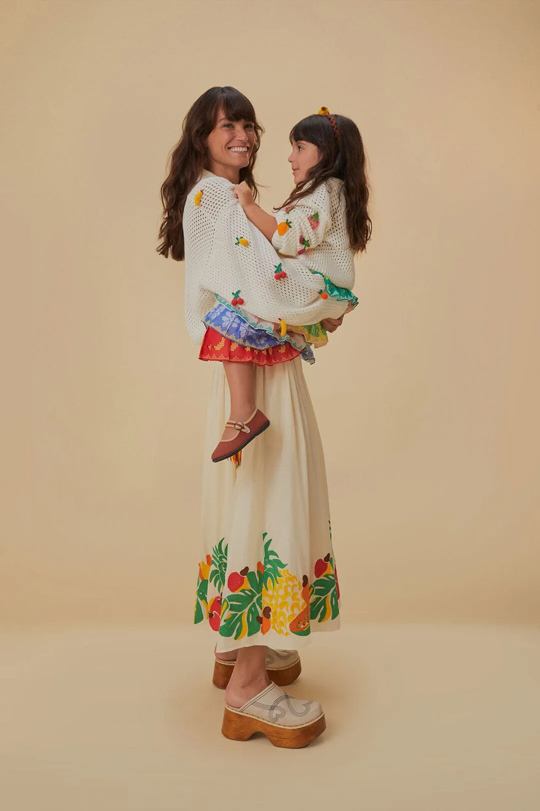 Autumn Stroll Embroidered Fruits Side Bow Midi Skirt