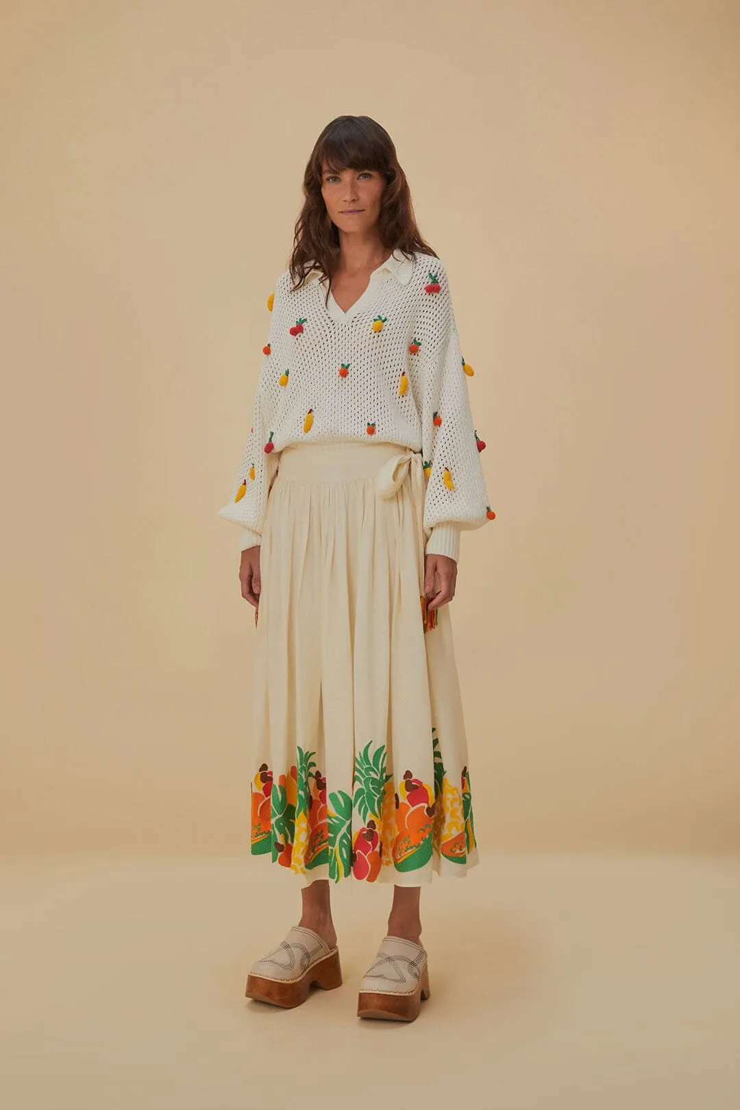 Embroidered Fruits Side Bow Midi Skirt Travel Vibes Airy Look