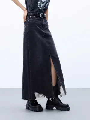 Polished Cut Maxi Raw Hem Denim Skirt