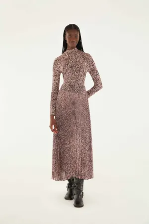 Pink Baby Leopard Pleated Maxi Skirt Retro Style Fresh Look