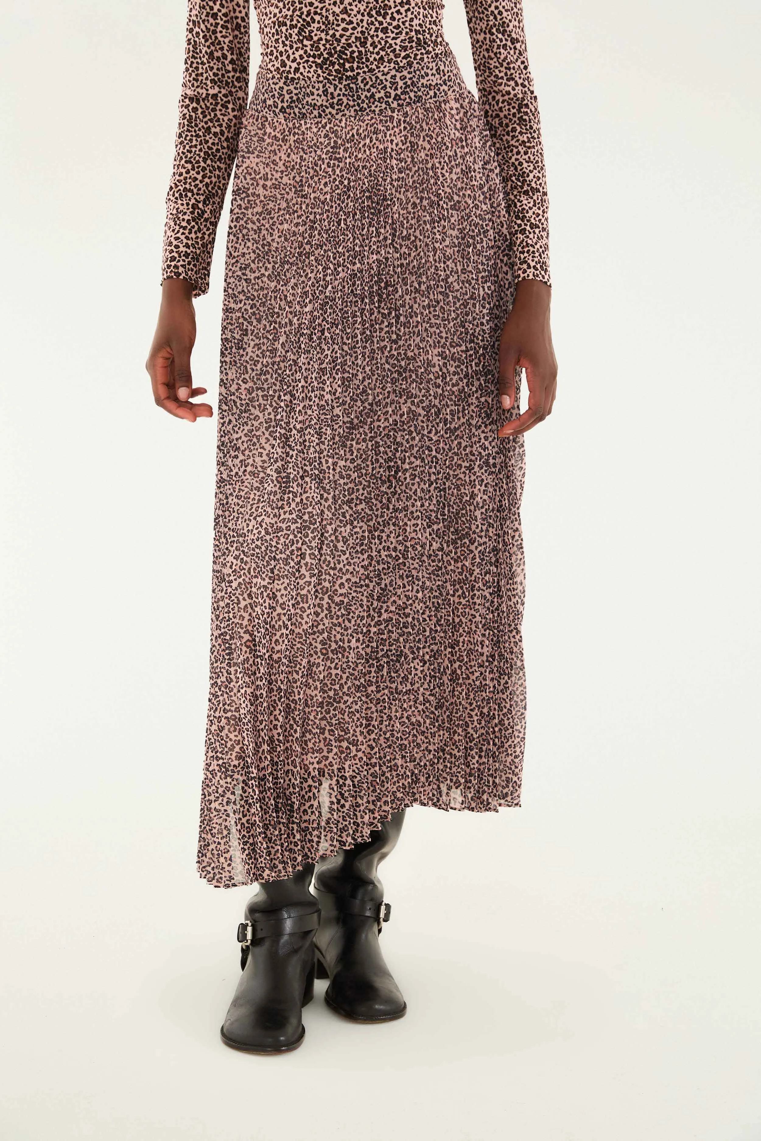 Pink Baby Leopard Pleated Maxi Skirt Velvet Finish Oversized style
