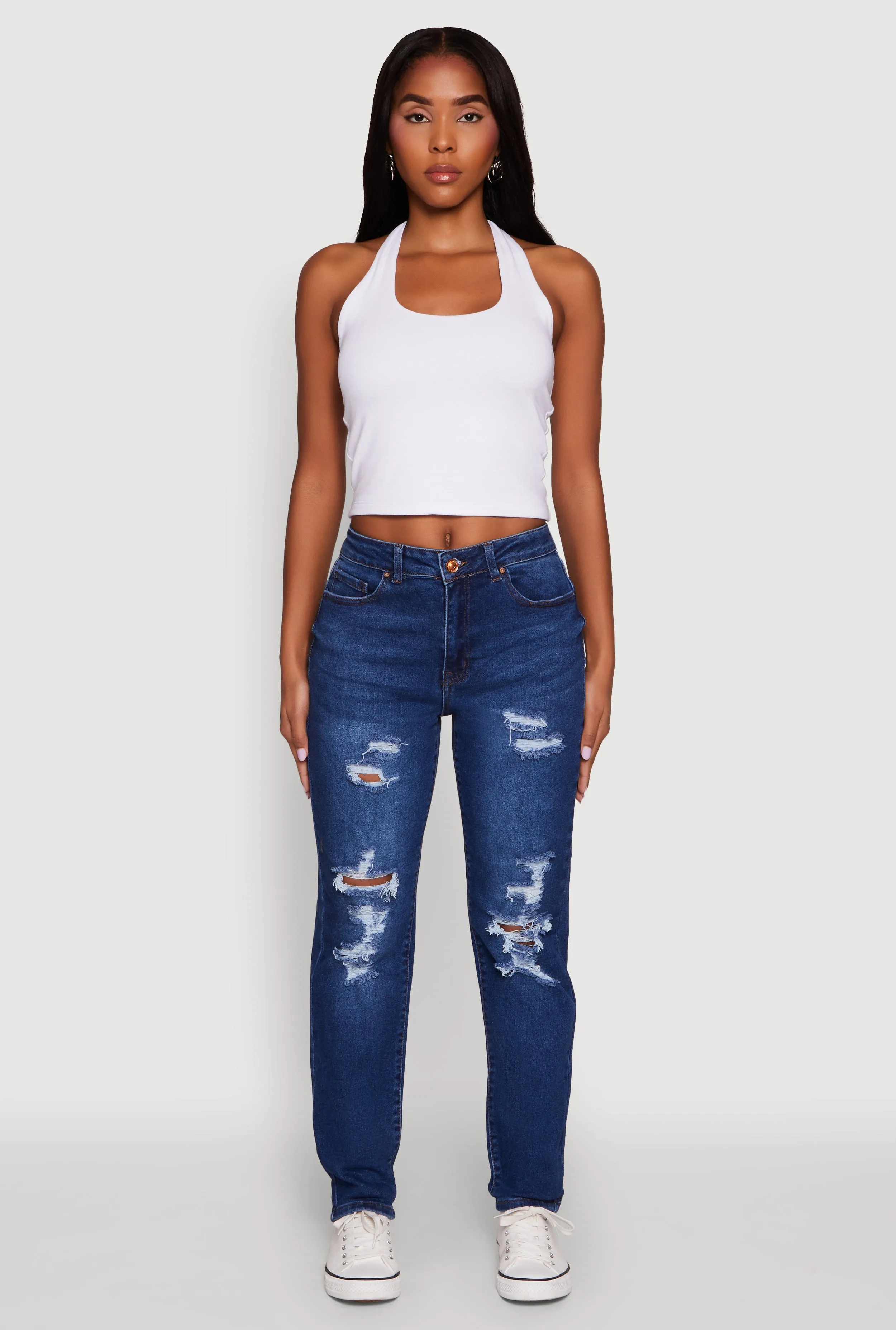 Fit Essential WAX Mid Rise Boyfriend Cut Distressed Jeans