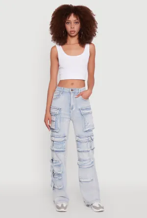 Mineral Wash High Waisted Straight Leg Utility Jeans Clean Fashion Compact Weave Technology