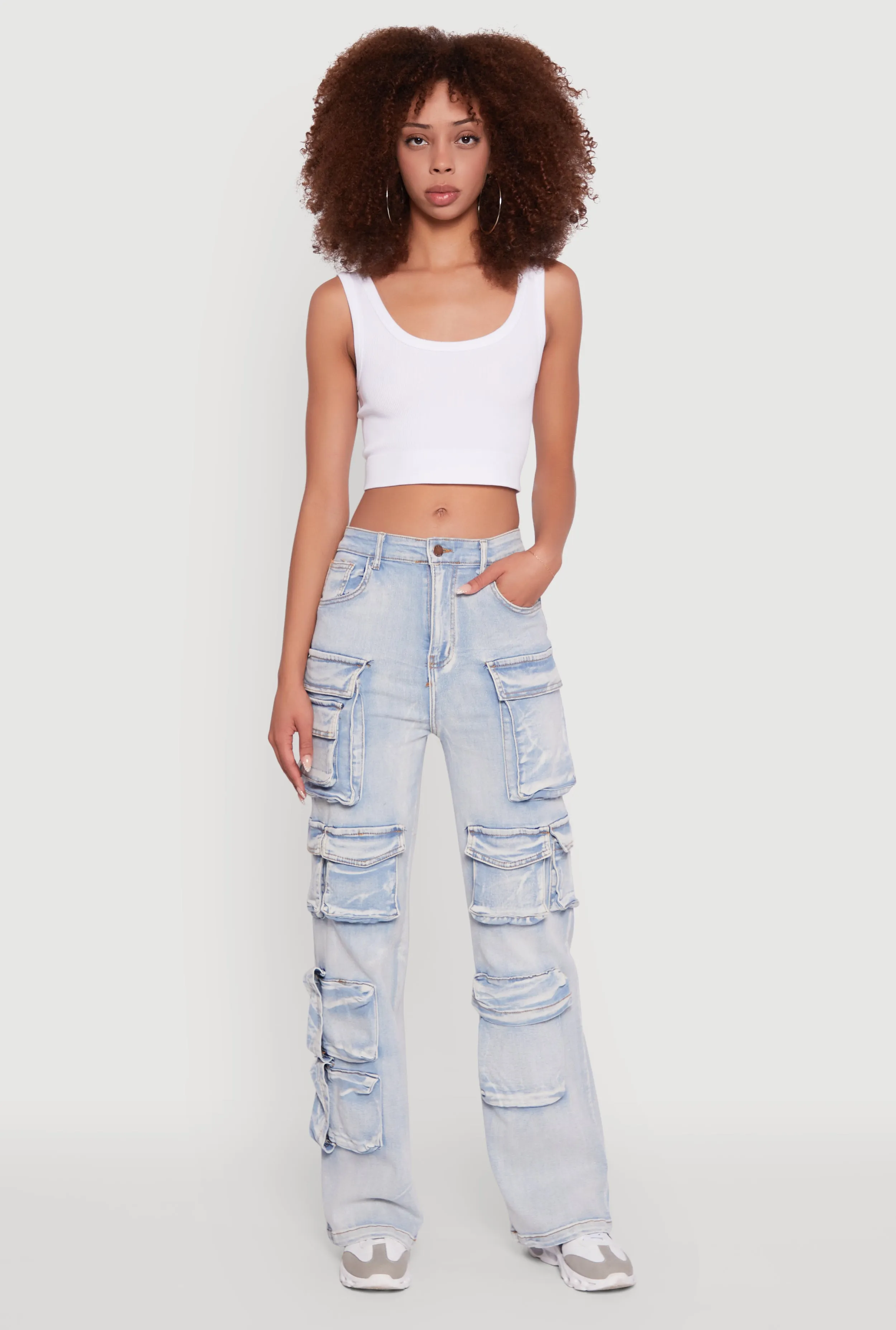 Mineral Wash High Waisted Straight Leg Utility Jeans Clean Fashion Compact Weave Technology