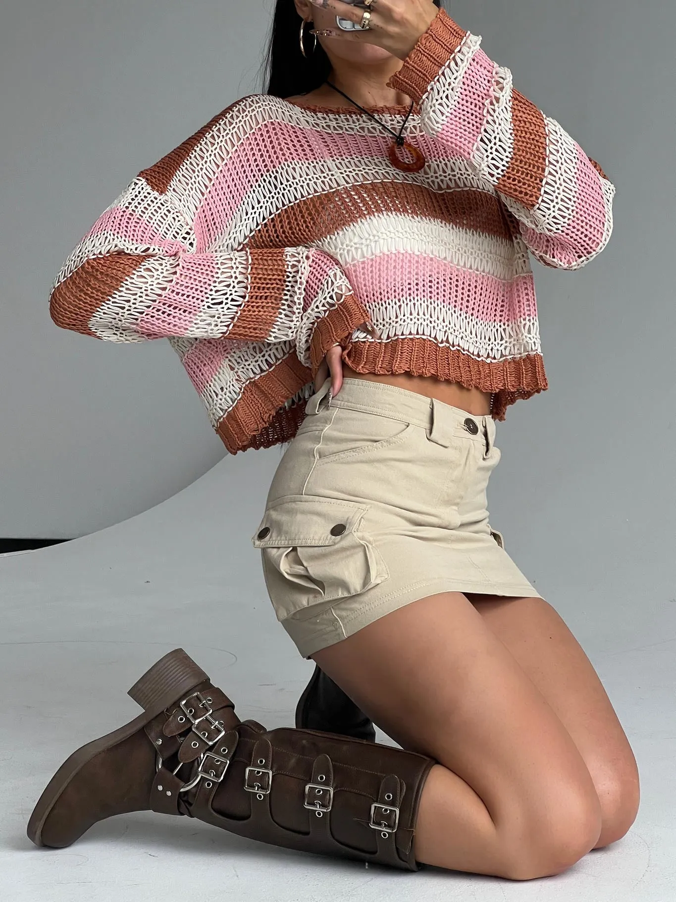 Geometric Print Lydie Cargo Mini Skirt Beige Petite