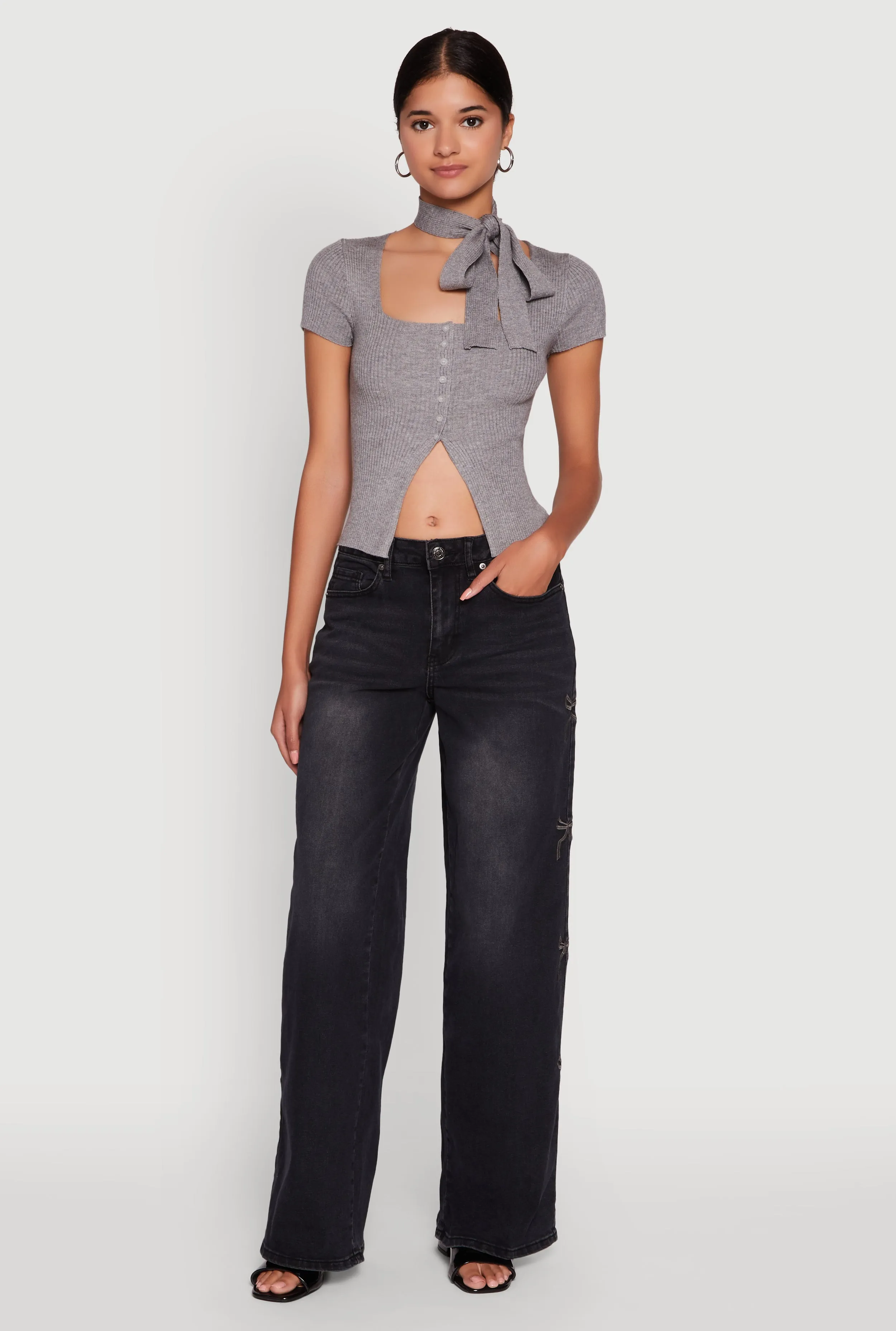 Artist Vibe Work Meeting Casual Casual Street Madden Girl Mineral Wash Embroidered Bow Side Jeans