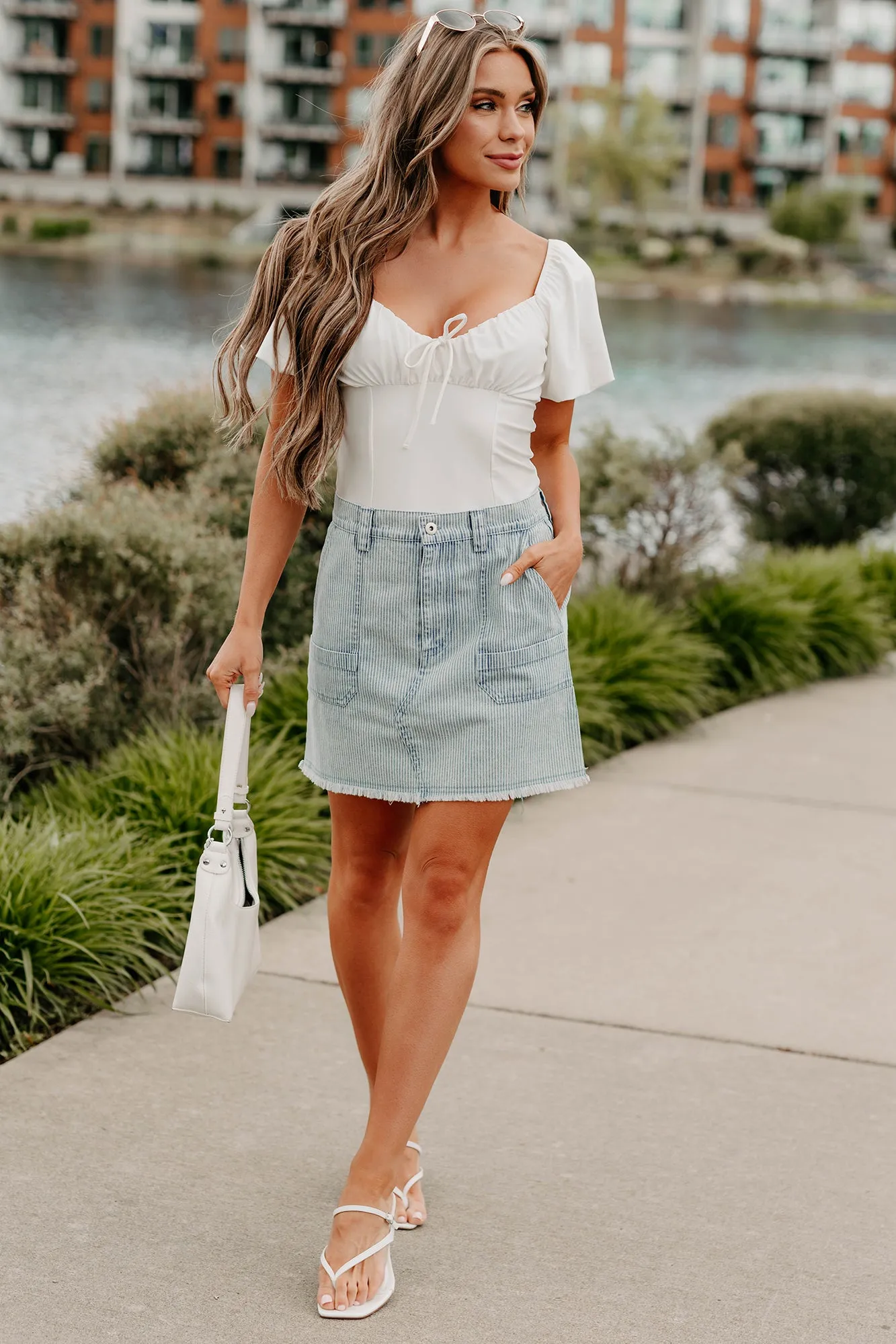 Pretty Priority Striped Denim Mini Skirt (Light) Travel Style Mood Outfitboard