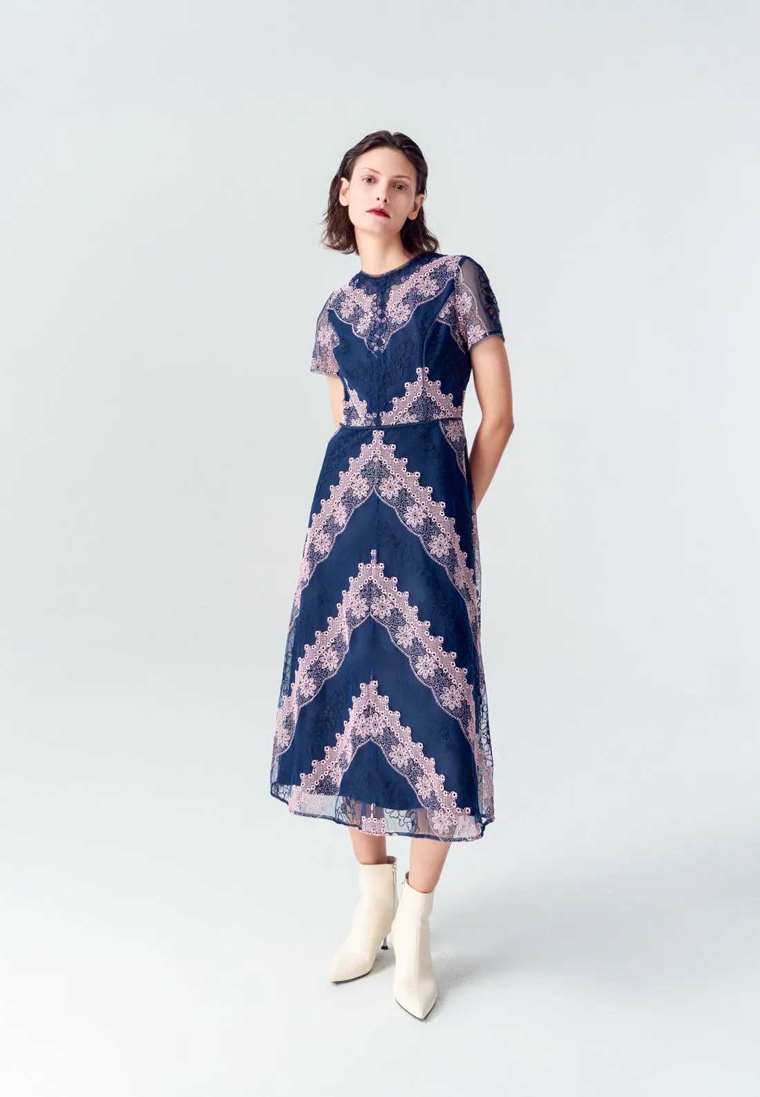 EcoDye Process Blue Embroidered Lace Short-sleeved Mesh Dress