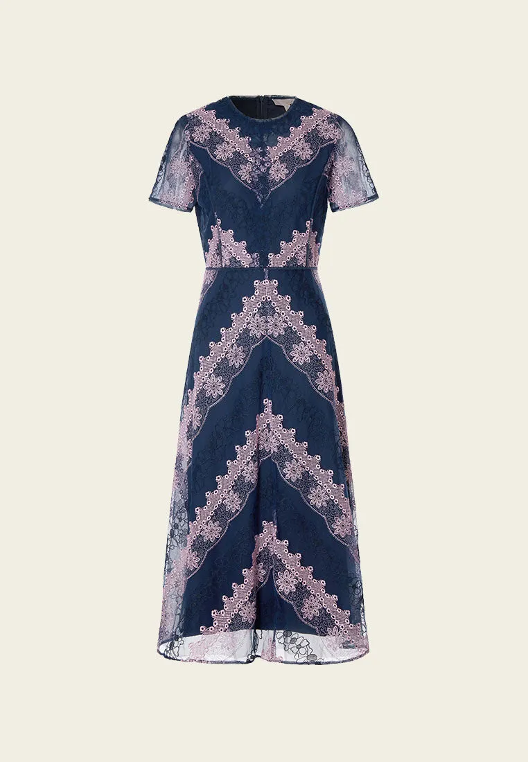 China Cool Blue Embroidered Lace Short-sleeved Mesh Dress