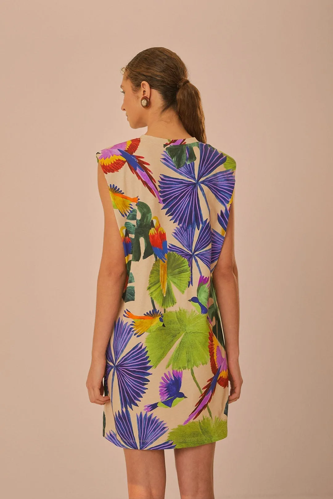 Sand Macaw Jungle Organic Cotton T-Shirt Dress CompactPackableDesign LayeredPaneling