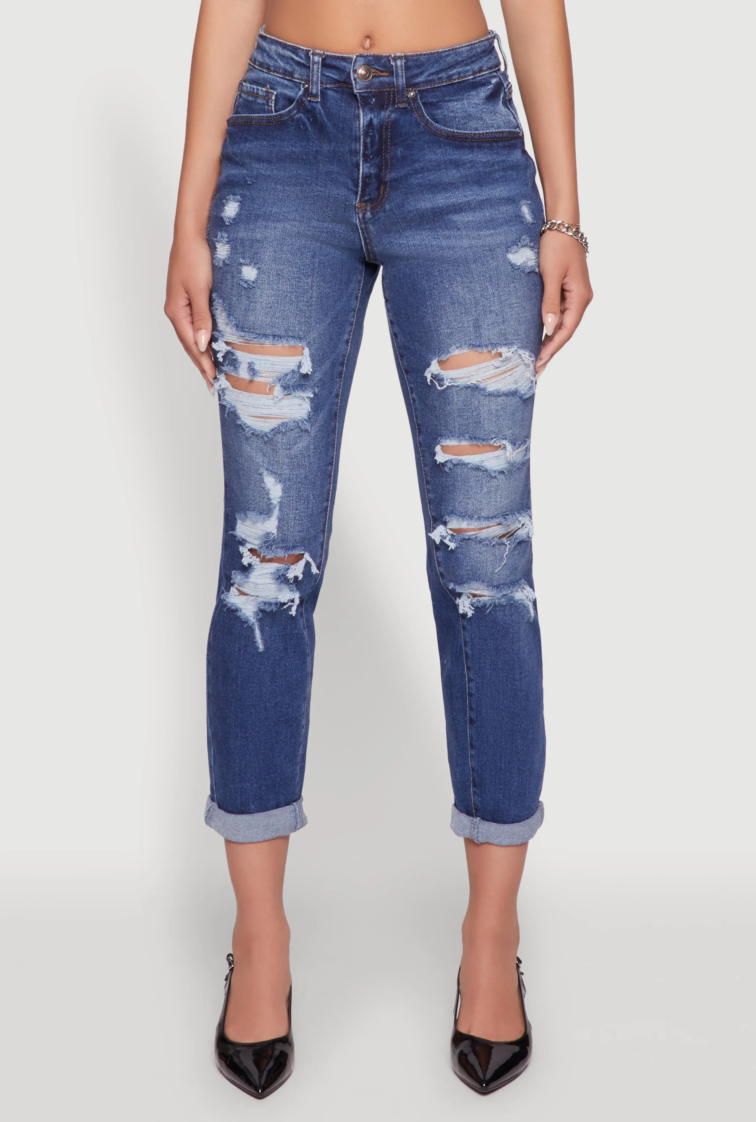 Tapered Leg Profile WAX Distressed Boyfriend Jeans