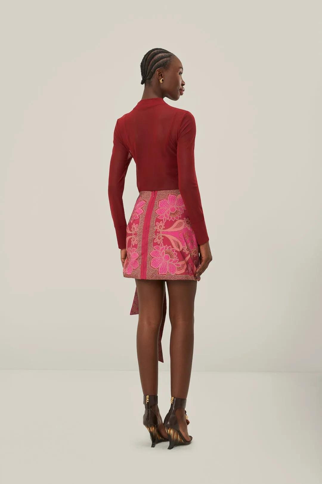 Corduroy texture Vibrant Touch Red Floral Glam Scarf Tie Gathering Mini Skirt
