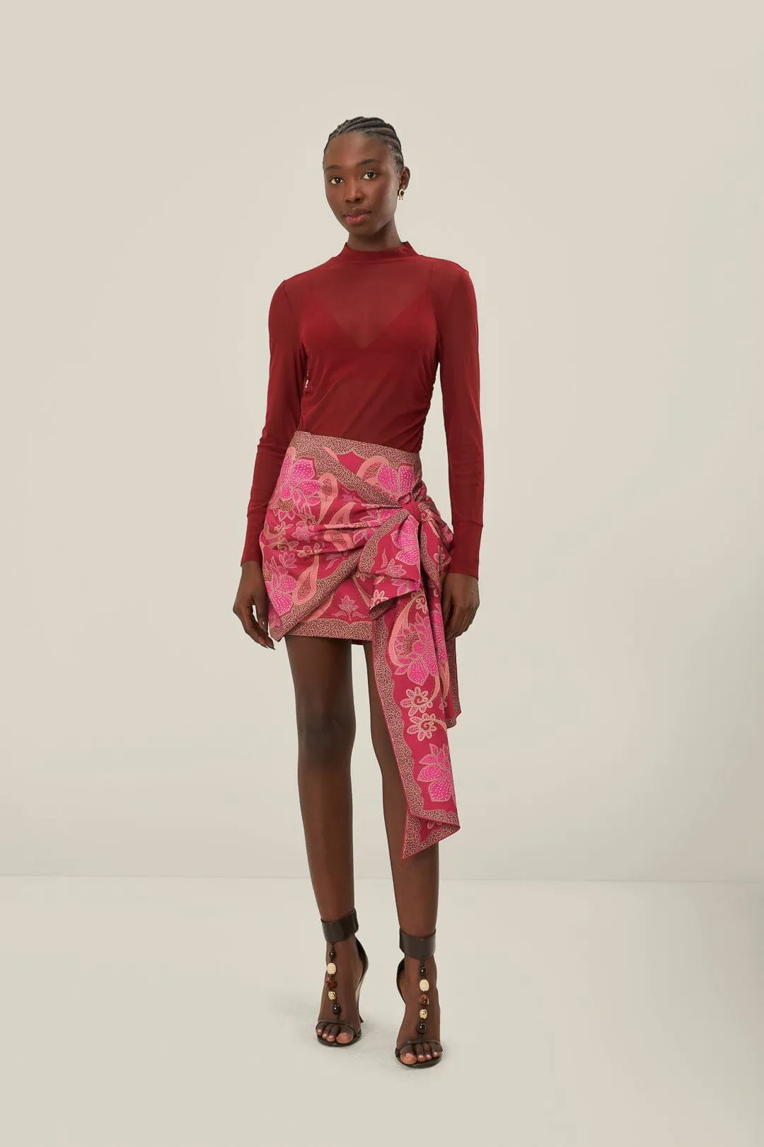 Cozy Tones Ventilated Panels Red Floral Glam Scarf Tie Gathering Mini Skirt
