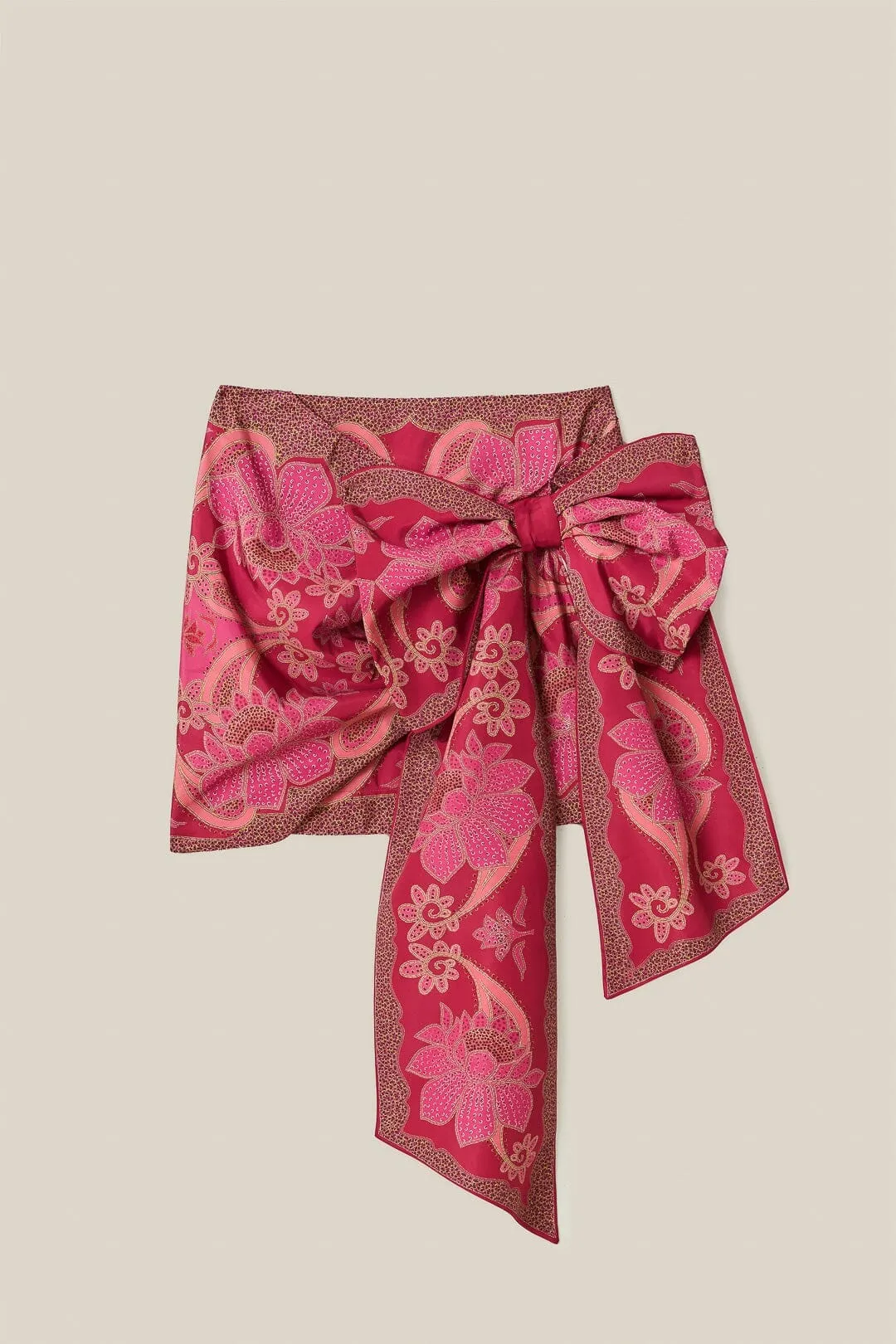 On-The-Go Outfit Matte Finish Red Floral Glam Scarf Tie Gathering Mini Skirt