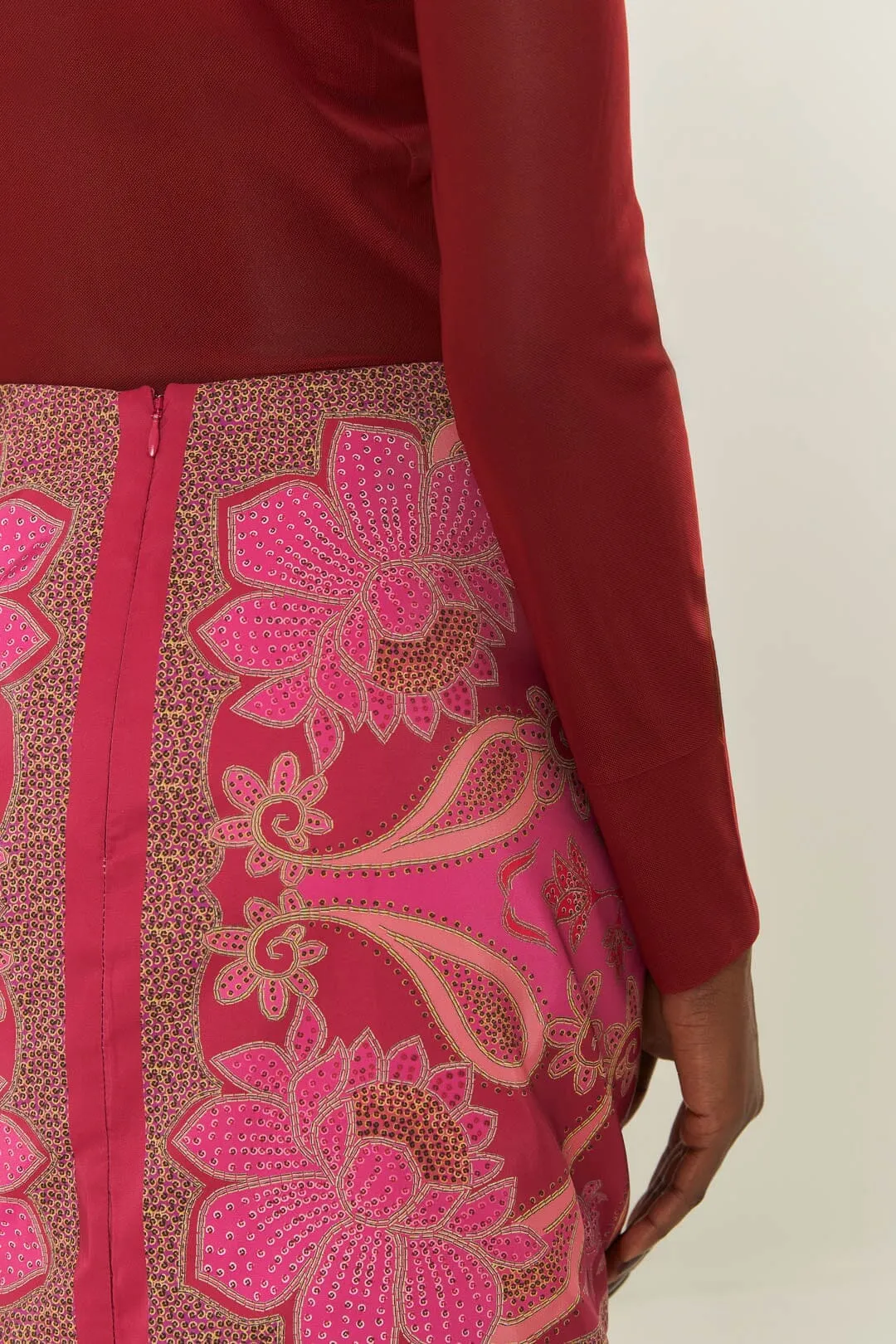 Red Floral Glam Scarf Tie Gathering Mini Skirt Semi Sheer