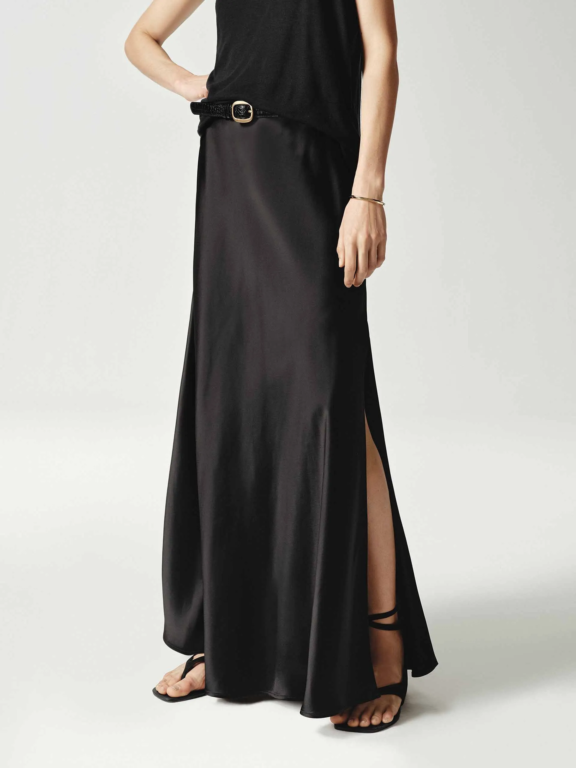 Side Slit Satin Maxi Skirt Outfit Shot Quick Wear