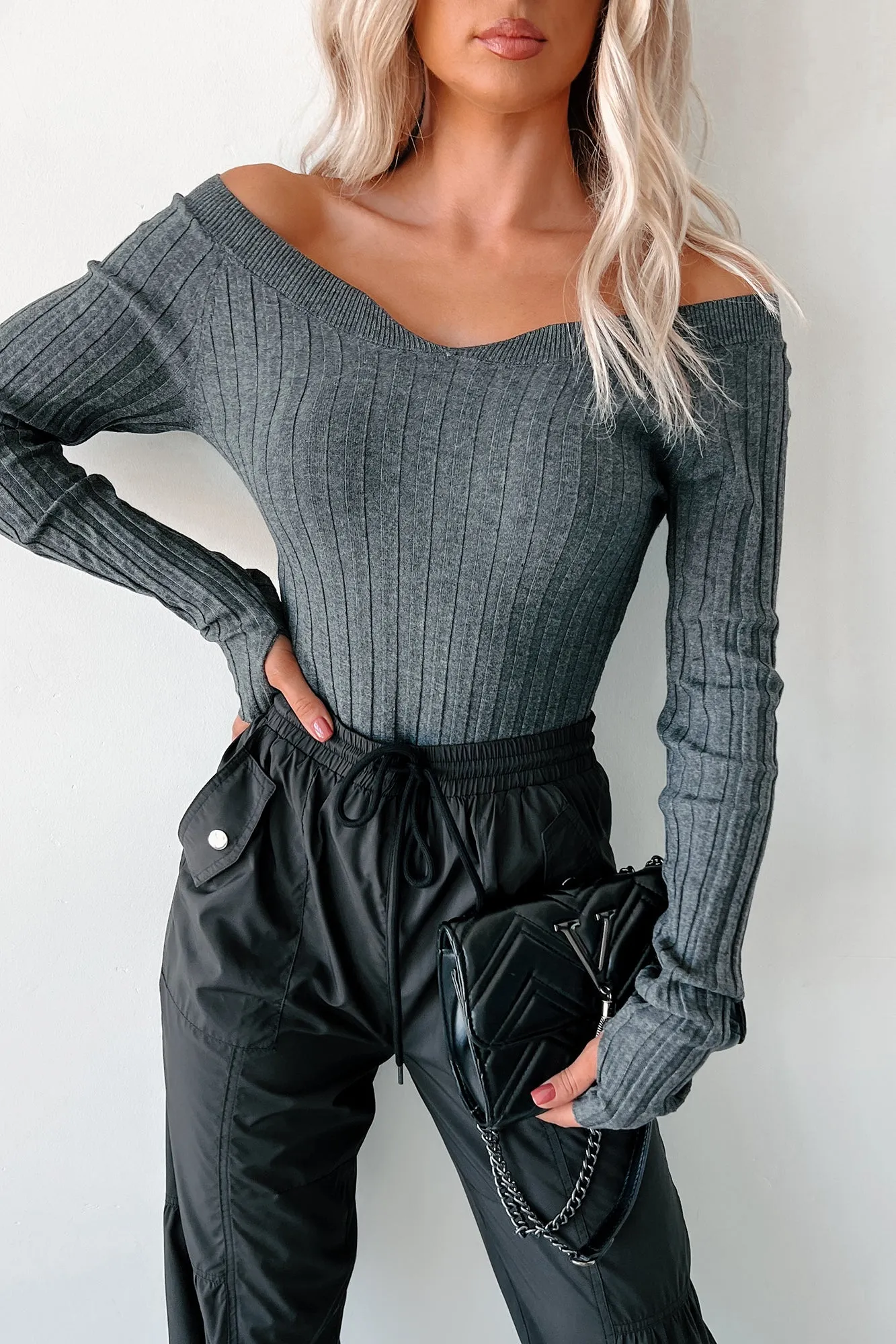 Trendy Wedding London Landscape Off Shoulder Bodysuit (Charcoal)